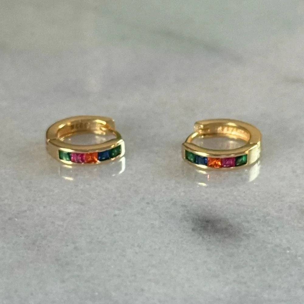 New Drop! Gold Rainbow Crystal Thick Small Huggie Hoop Earrings
